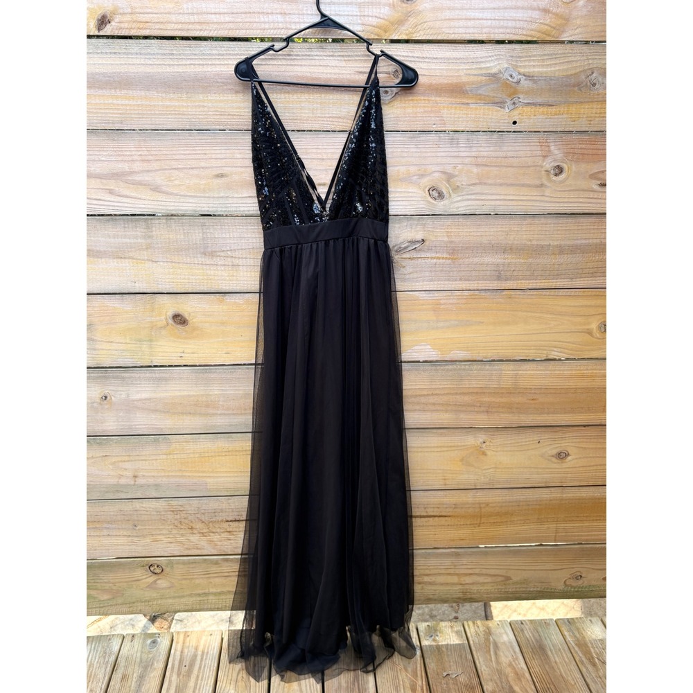 Black Sequin V-Neck Tulle Maxi Dress Sleeveless Formal Gown Floor Length